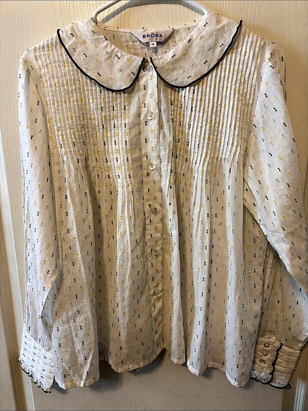 BRORA Dobby Spot Cotton Blouse White & Yellow Size 10
